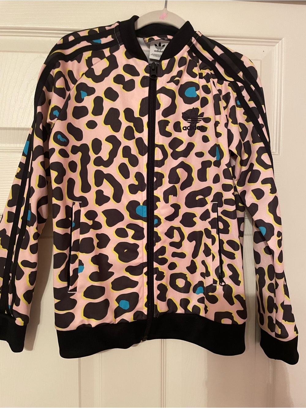 adidas Pink Leopard Print Track Jacket with Black Trim and Blue & Yellow Accents
